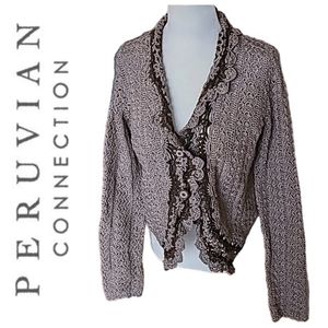 *RARE* Peruvian Connection Open Knit Crochet Style Cardigan Sweater Taupe Brown